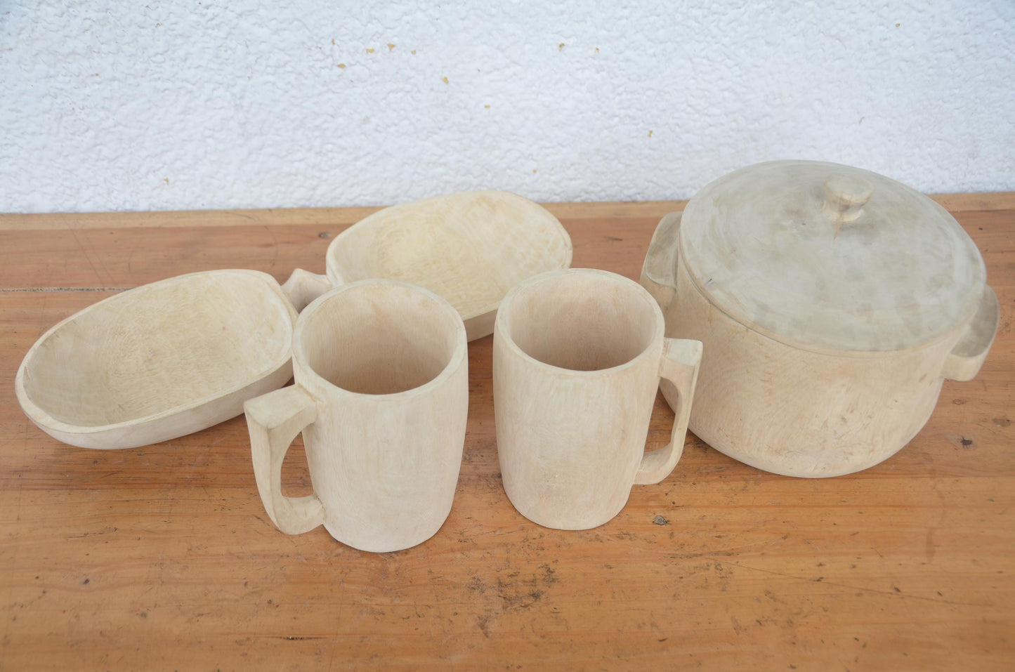 Hand-Carved Wooden Food Dish and Mug Set | Artisan African Kitchen Decor
