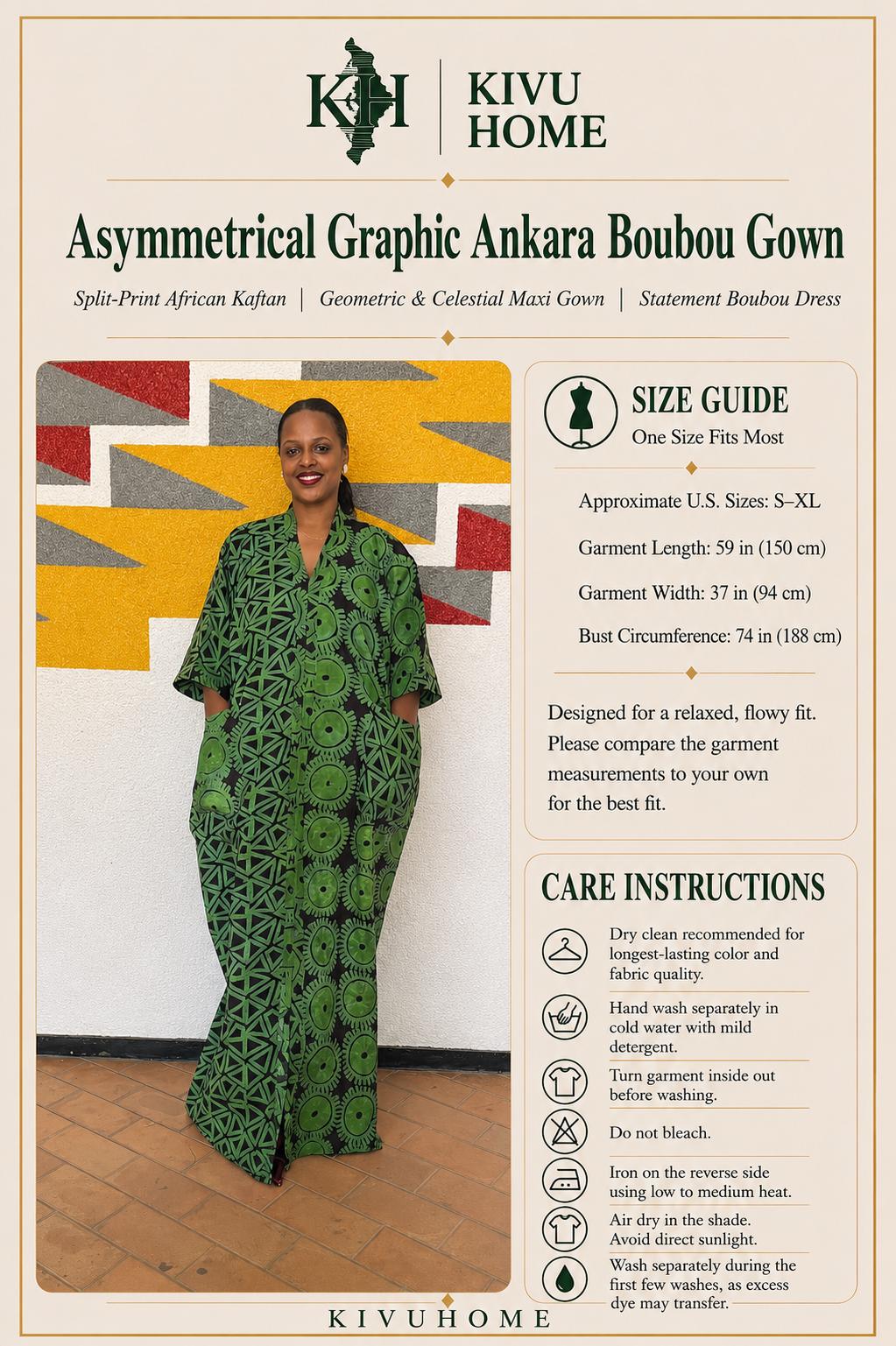Asymmetrical Graphic Ankara Boubou Gown | Split-Print African Kaftan, Geometric & Celestial Maxi