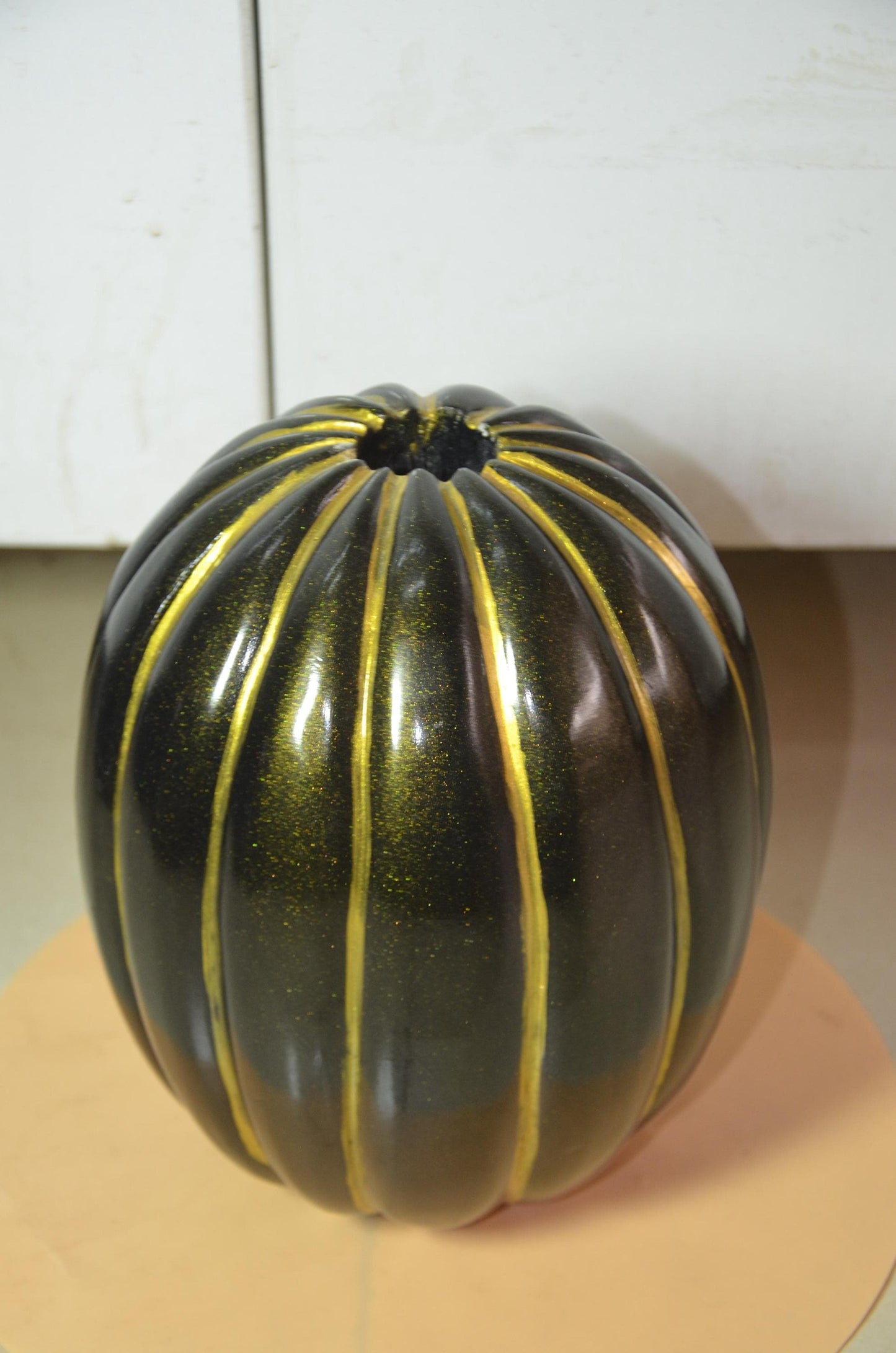 Fluted Wooden Pumpkin Vase | Metallic Bronze Gold Ribbed Vessel