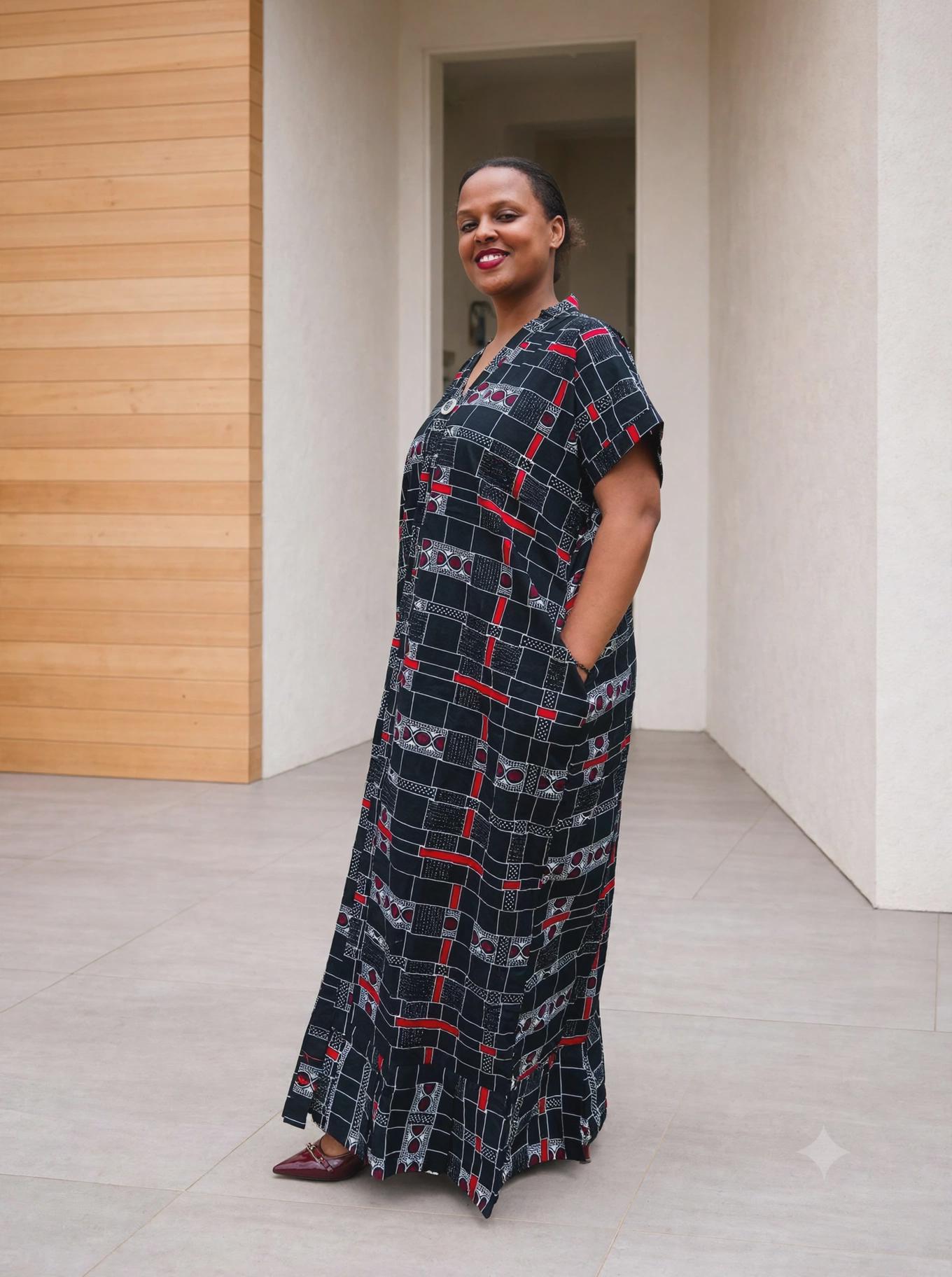 Geometric Plaid African Shirt Kaftan | Buttoned Grid Boubou, Monochromatic Maxi