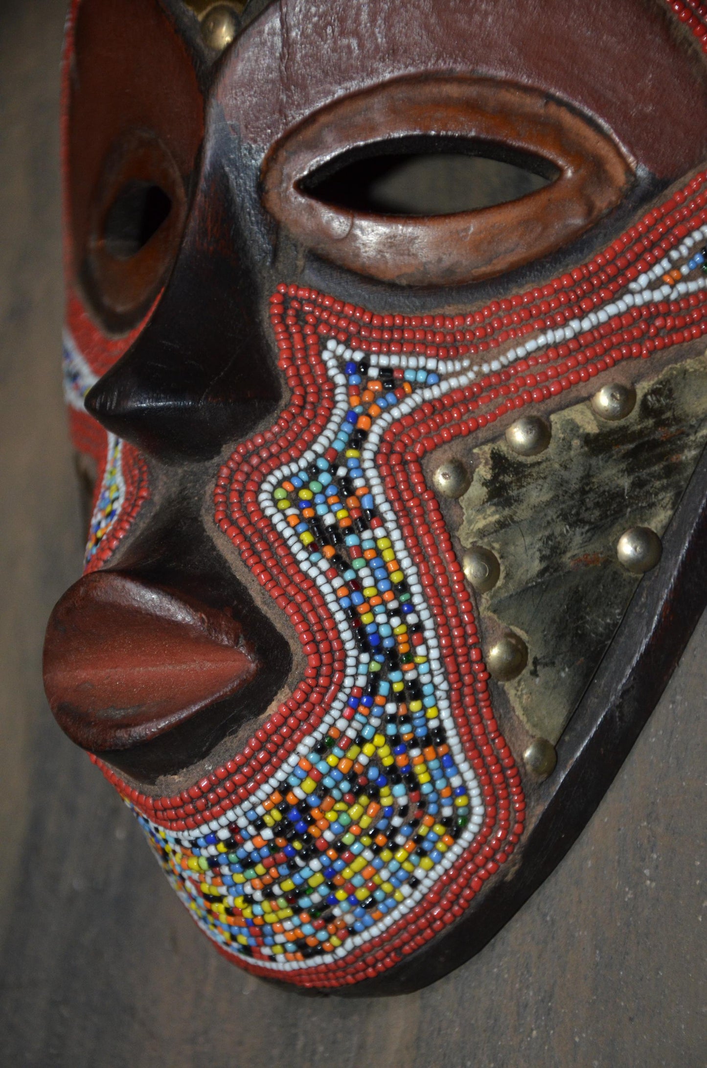 Marka Beaded Mask – 13" Hand-Carved Wood & Brass Mask – Mali Tribal Decor.