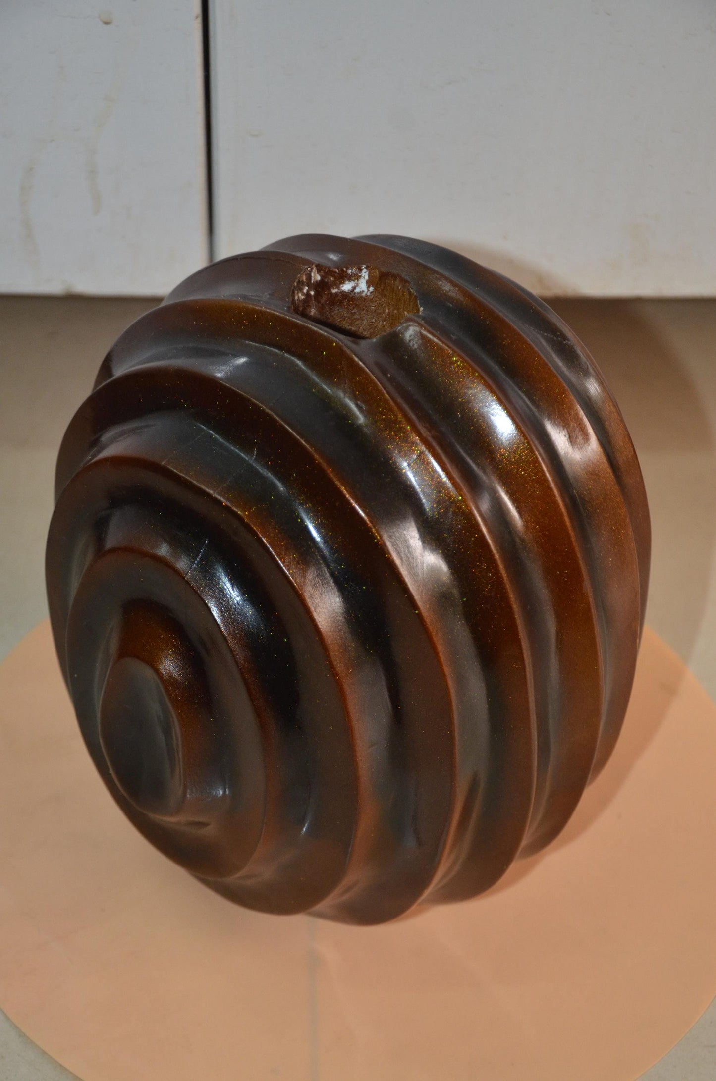 Spherical Wooden Ribbed Vase | Metallic Bronze Round Spiral Vessel