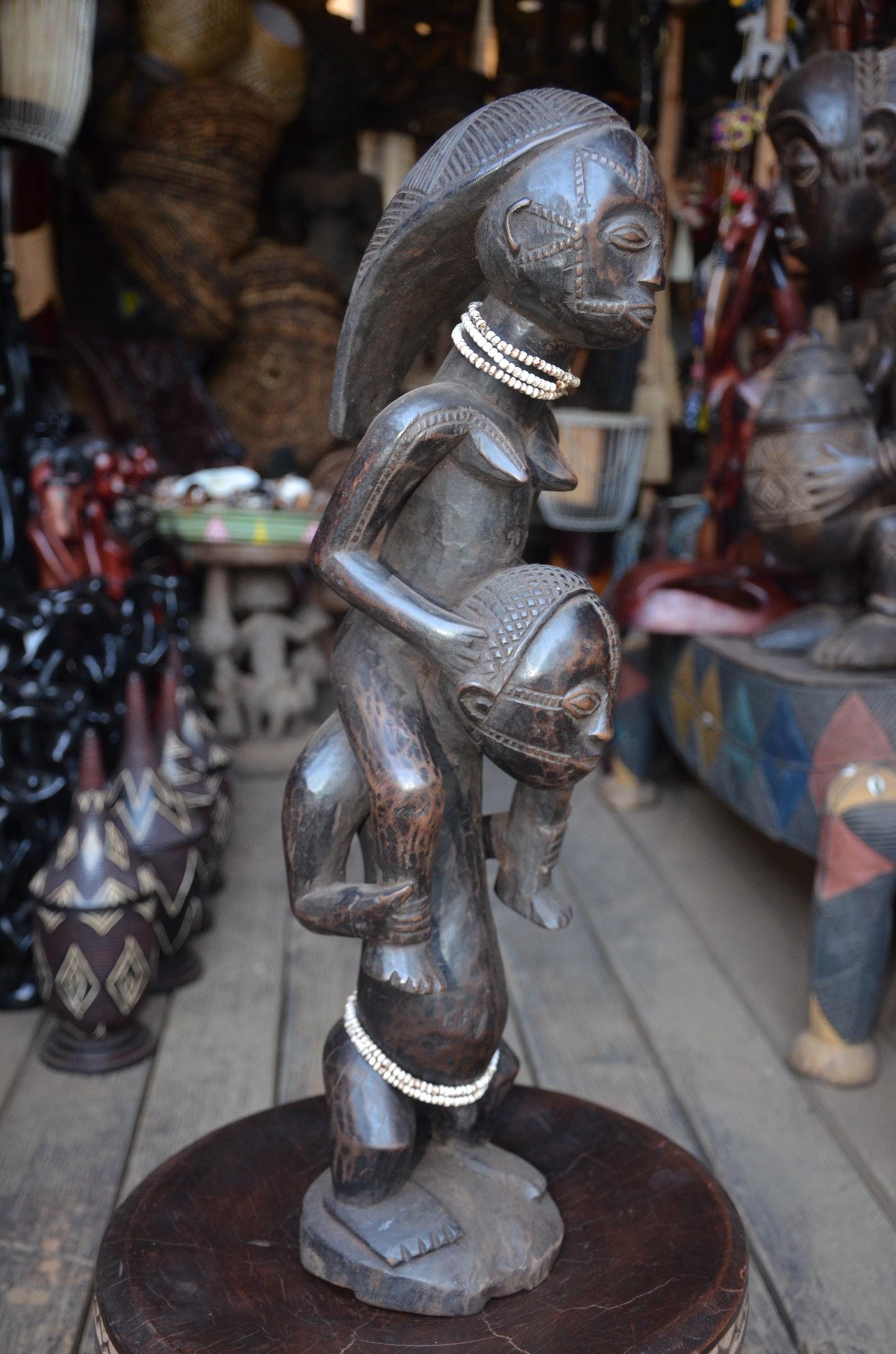 Authentic Luba Dual-Figure Statue – Hand-Carved Wood Ancestor Sculpture, Beaded Accent Congo