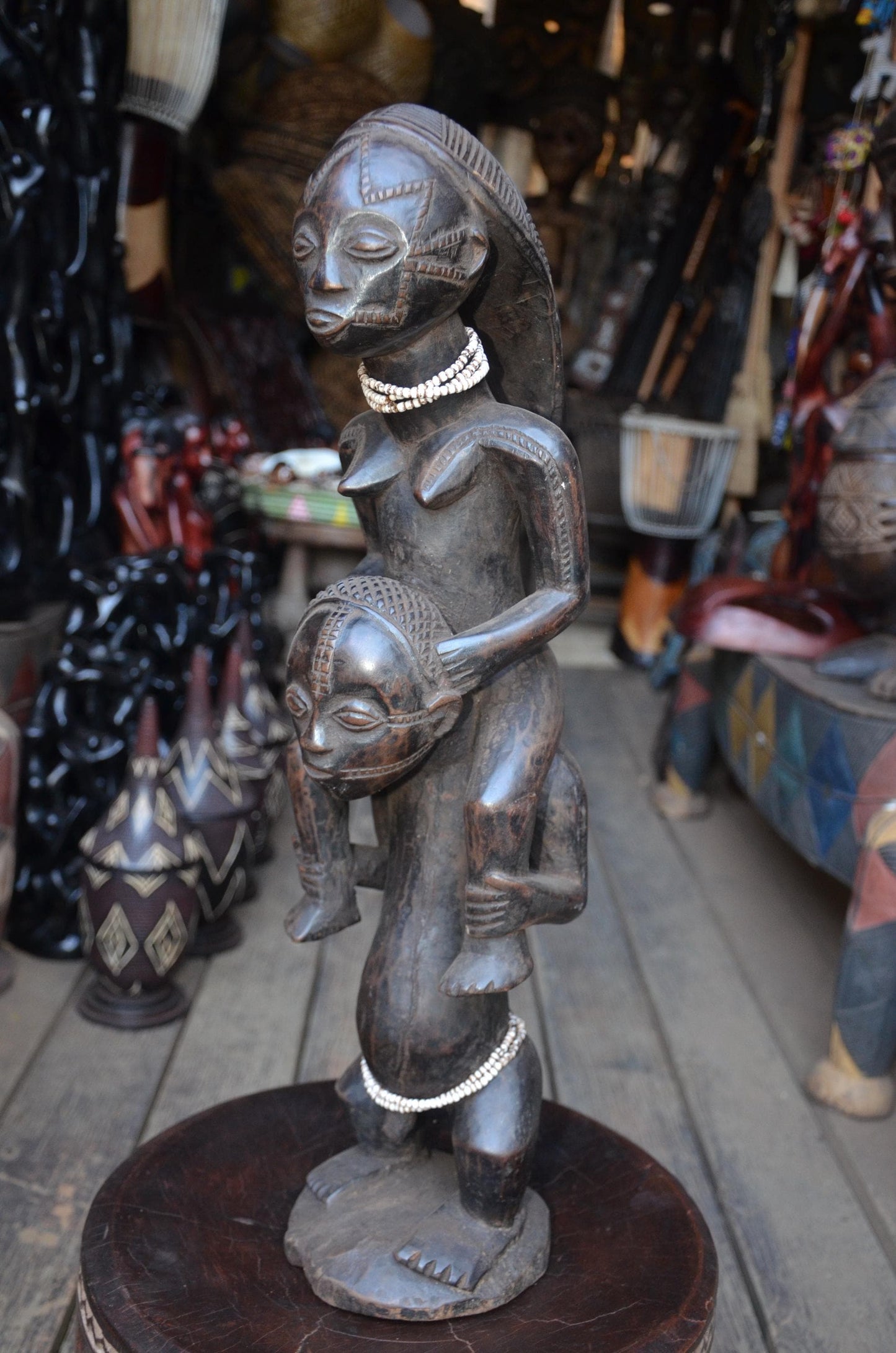 Authentic Luba Dual-Figure Statue – Hand-Carved Wood Ancestor Sculpture, Beaded Accent Congo