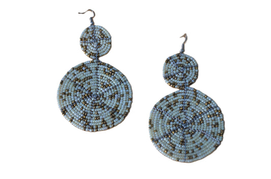 White and Brown Beaded Maasai Earrings Pair, Handmade African Boho Hoop Drop Jewelry