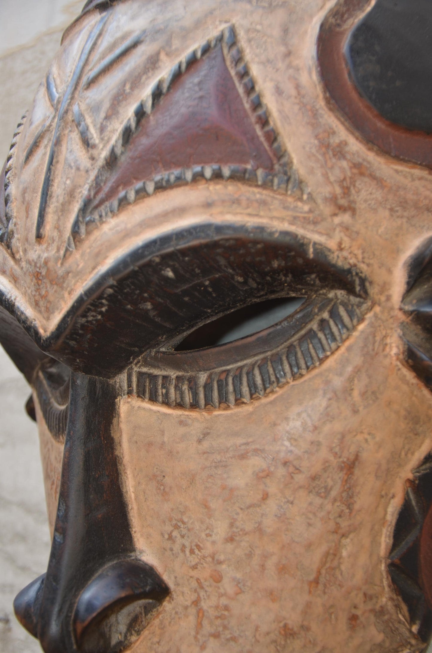 Yaka Mask with Chokwe Influence - 12" Authentic Congo Wood Carving, Polychrome Geometric Face Mask, High-End African Tribal Wall Sculpture.
