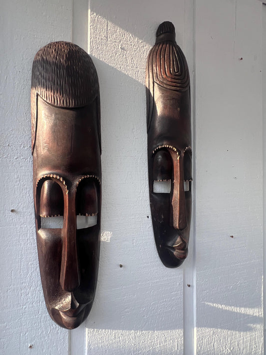 Wood Wall Art – Rwandan King & Queen Mask Set, Hand-Carved African Wall Decor