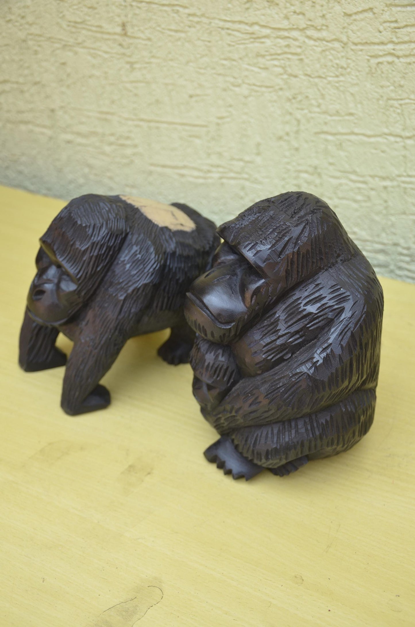 Large Hand Carved Wooden Gorilla Family Sculpture | Wildlife Art