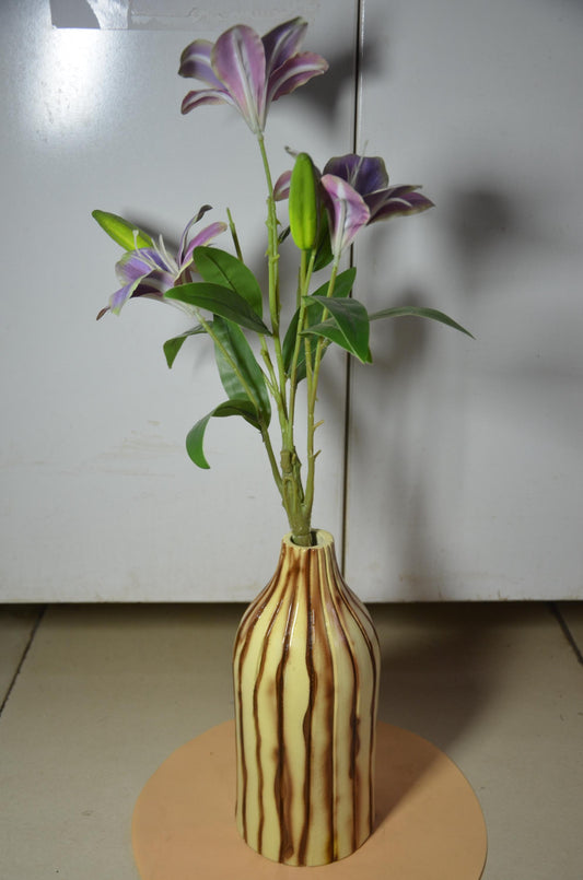 Fluted Wooden Bottle Vase | Cream and Brown Ribbed Vessel