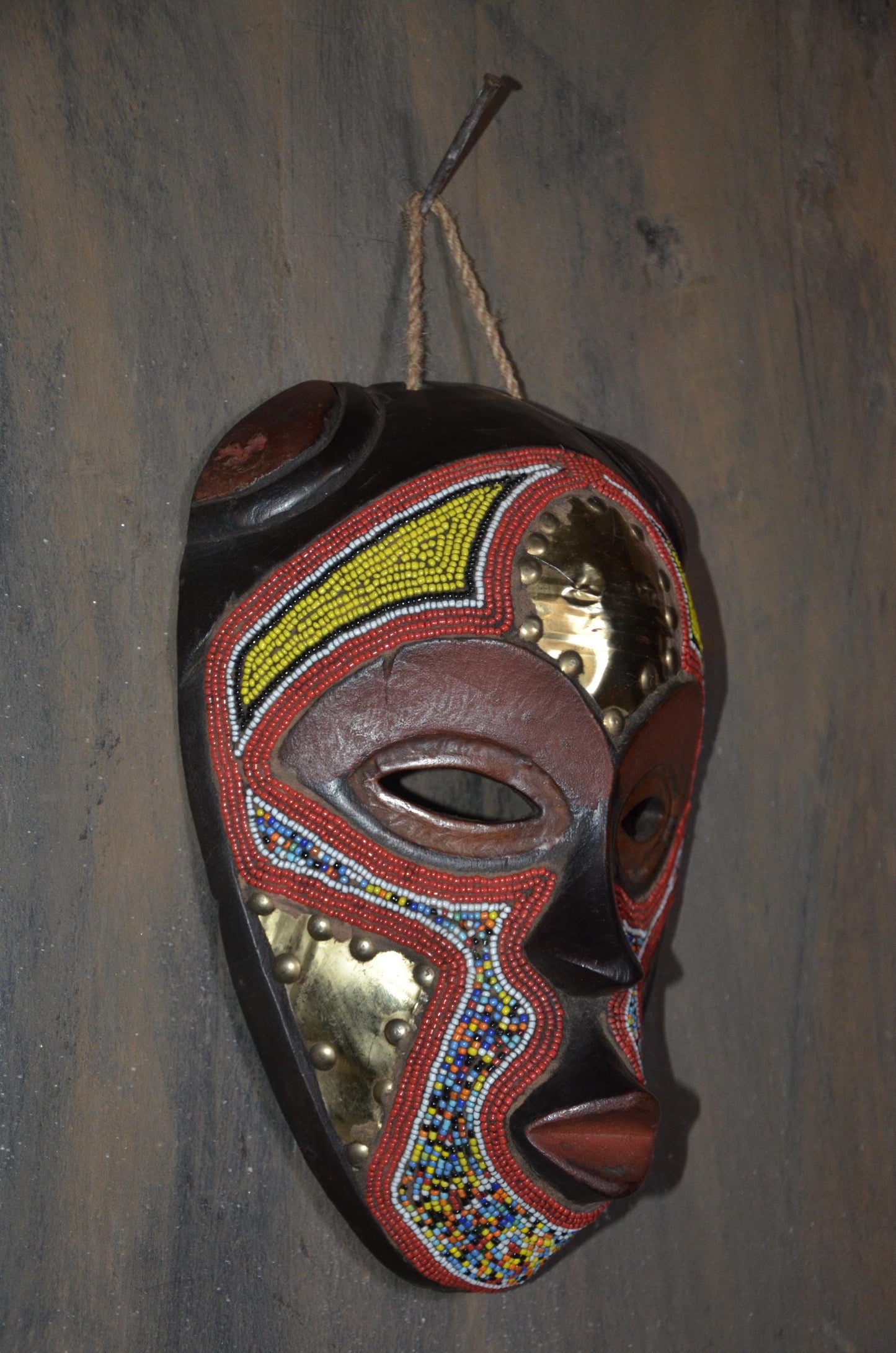 Marka Beaded Mask – 13" Hand-Carved Wood & Brass Mask – Mali Tribal Decor.