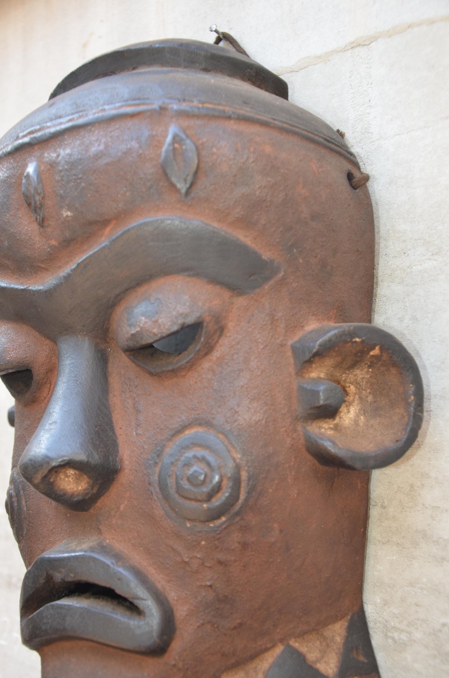 Large Chokwe Style Face Mask - 23" Elongated African Wood Carving, Geometric Tribal Wall Sculpture, High-End Primitive Art Statement Piece.