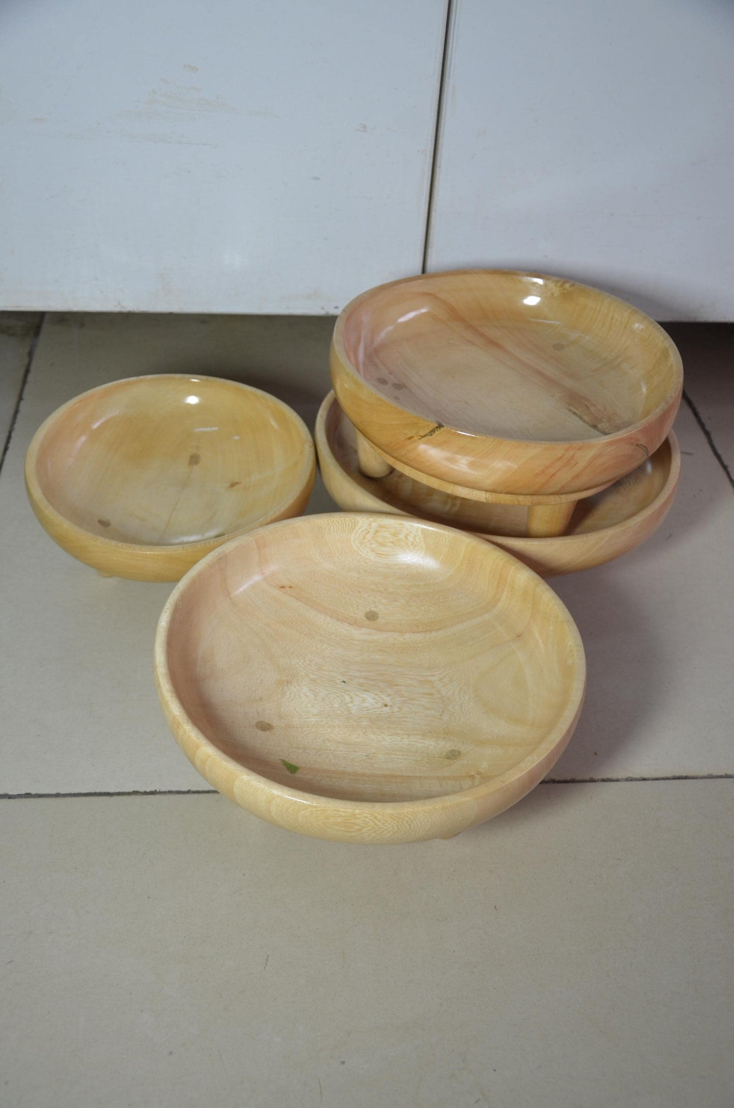 Set of 4 Footed Wooden Bowls | Natural Blonde Wood Decorative Fruit Dish Set