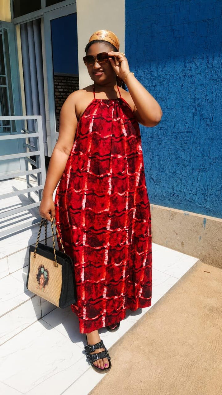 African Halter Maxi Dress | Red Multicolor Ankara Kitenge | Flowy Summer Vacation Gown