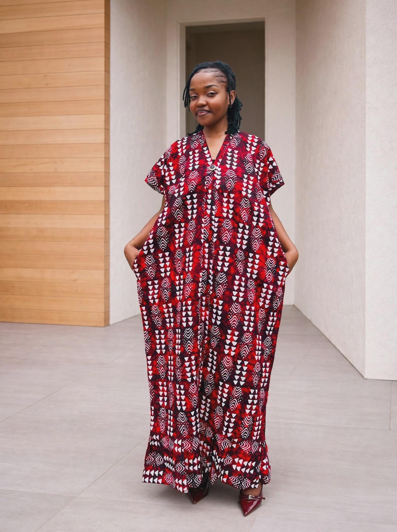 Arrowhead Ankara Boubou Gown | Geometric Cascade Kaftan, Wine Red Maxi