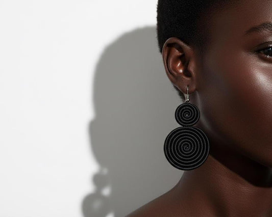 Black Sisal Rwandan Earrings, Handmade Woven African Basketry Jewelry, Boho Tribal Fiber Art