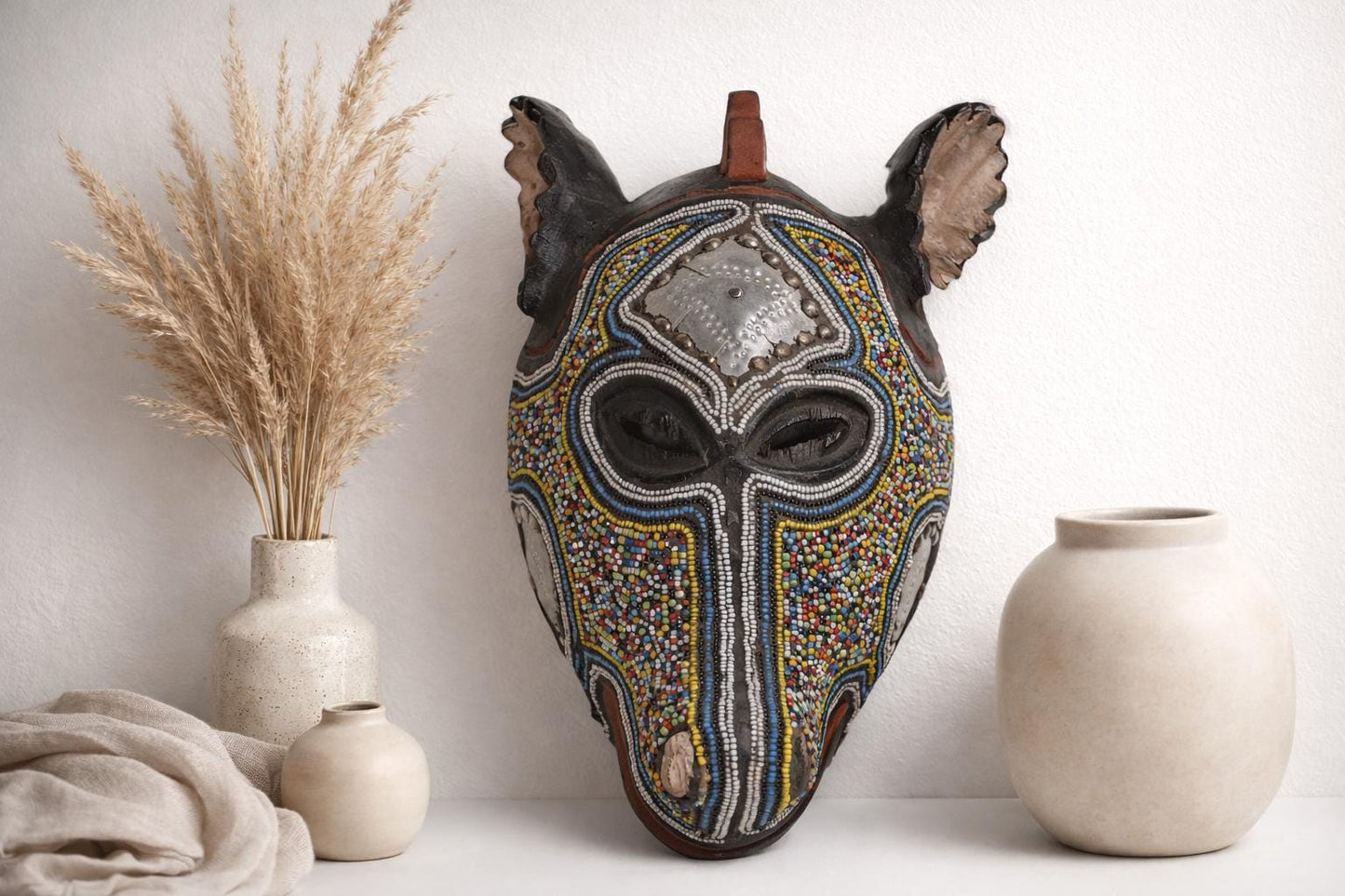 Handcrafted Kumu Beaded Antelope Mask – African Tribal Wall Decor, Handmade Art