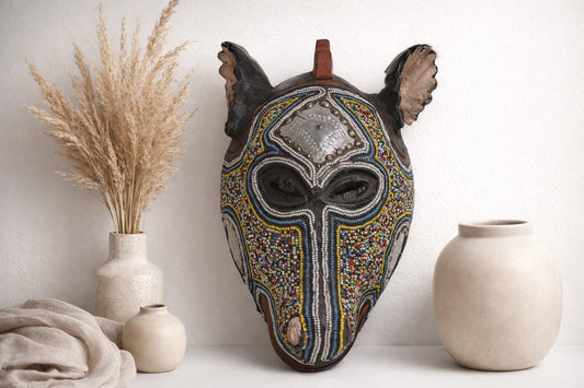 Handcrafted Kumu Beaded Antelope Mask – African Tribal Wall Decor, Handmade Art