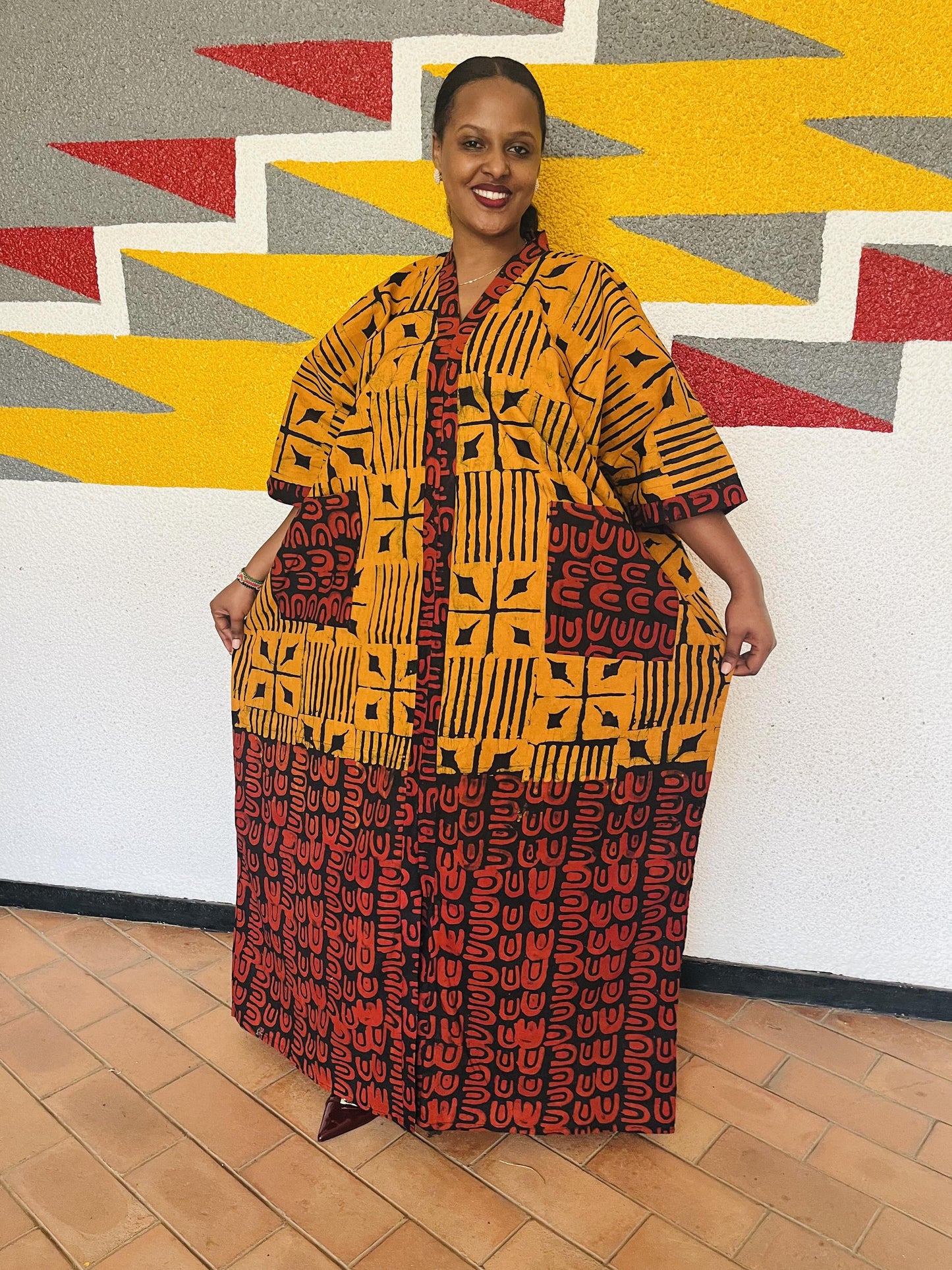 Split Graphic Ankara Boubou Gown | Half-and-Half Tribal Kaftan, Mustard and Burgundy Maxi