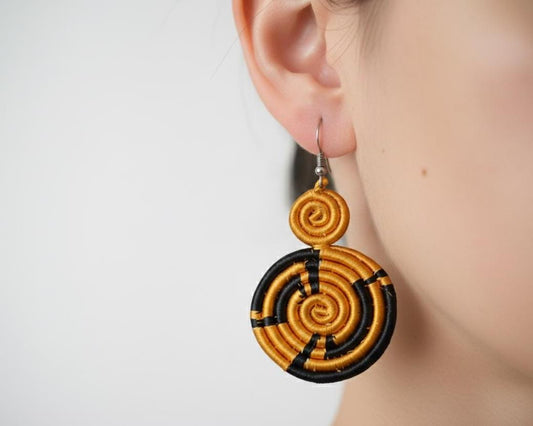 Big Yellow Black Sisal Rwandan Earrings, Handmade Woven African Basketry Jewelry, Boho Fiber Art