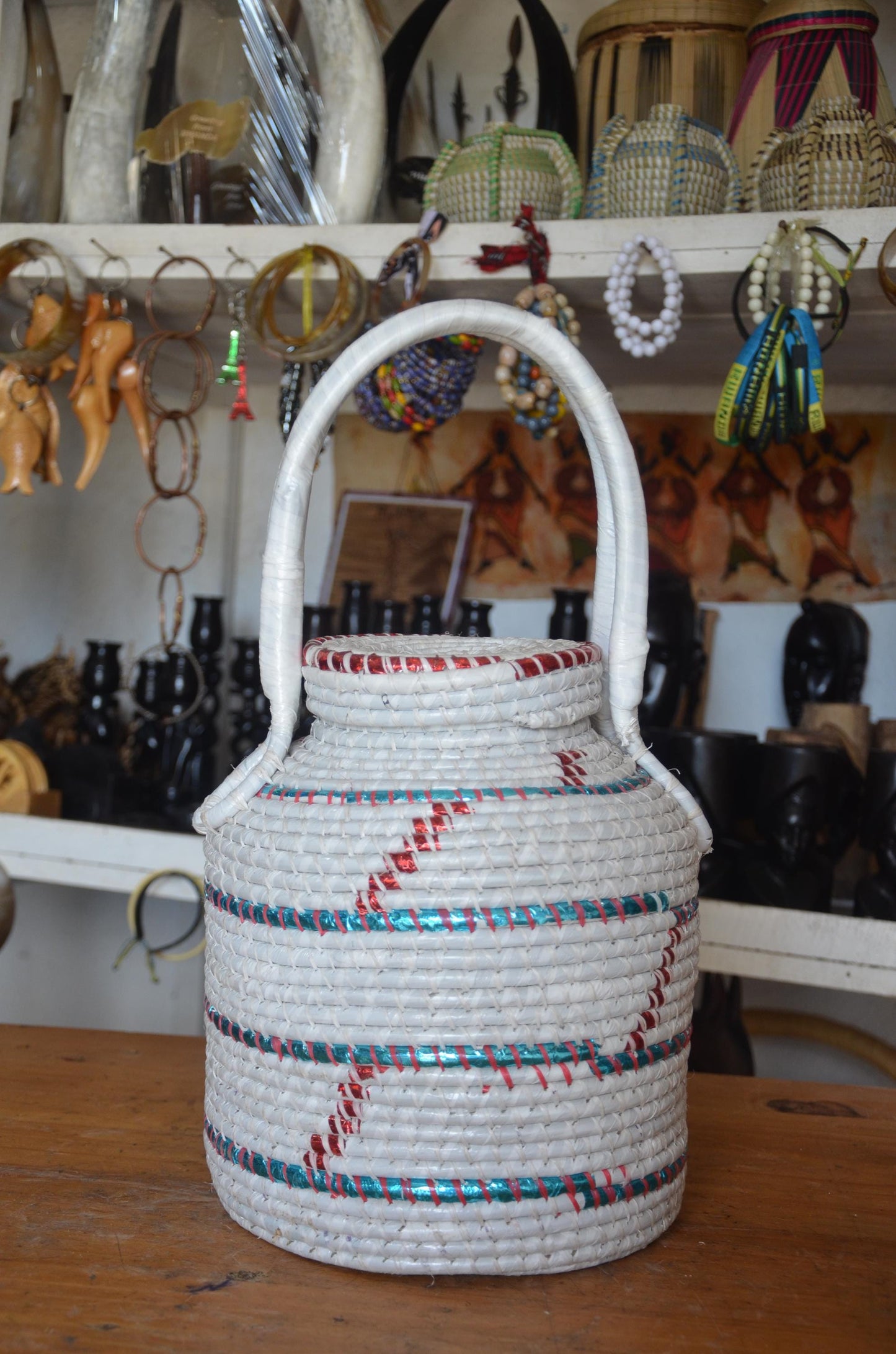 Handwoven Rwandan Agaseke Basket | White Boho Storage Basket with Lid