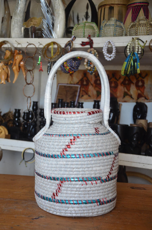 Handwoven Rwandan Agaseke Basket | White Boho Storage Basket with Lid