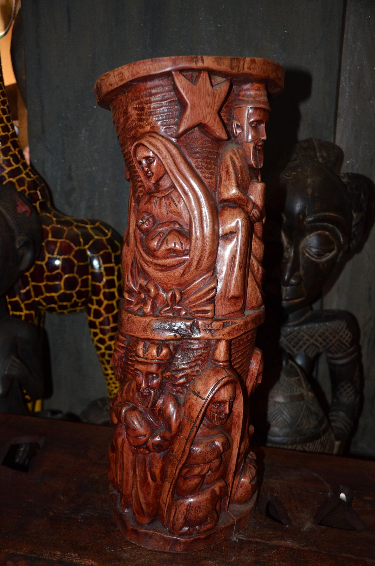 African Carved Wooden Stool | Relief Side Table | Handmade Tribal Furniture