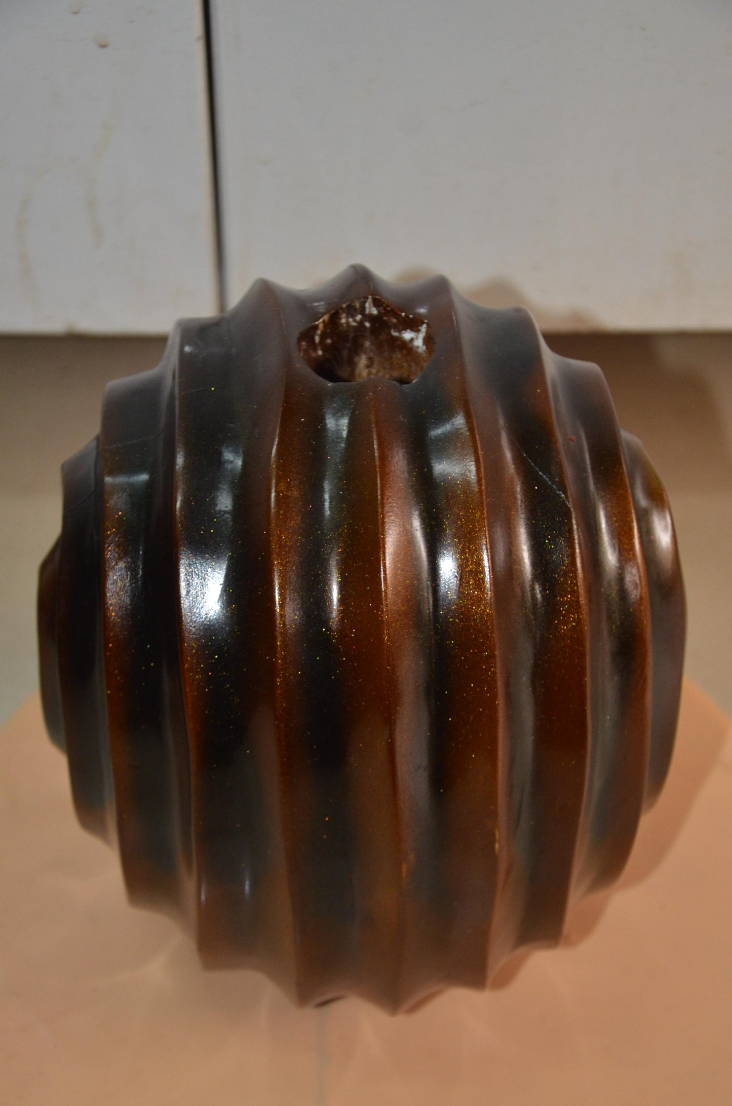Spherical Wooden Ribbed Vase | Metallic Bronze Round Spiral Vessel