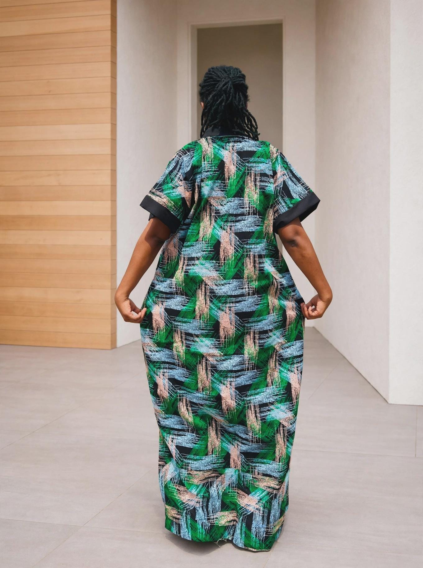 Color-Blocked Kampala Maxi Gown | Paneled Brushstroke Silk Kaftan, Mixed-Media Adire