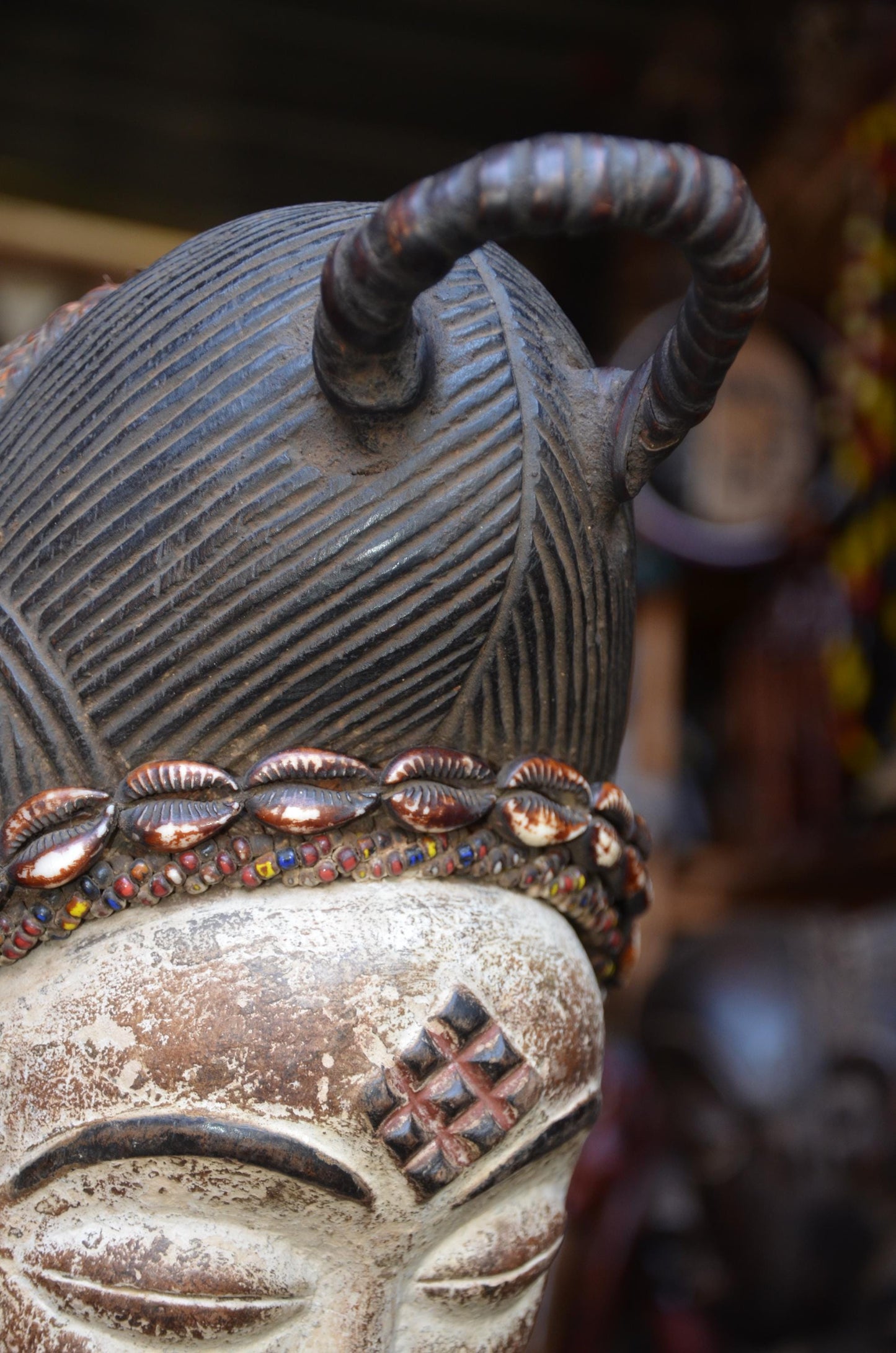 Authentic Punu Okuyi Mask – Hand-Carved Wood Female Ancestor Spirit, Cowrie Shell Trim