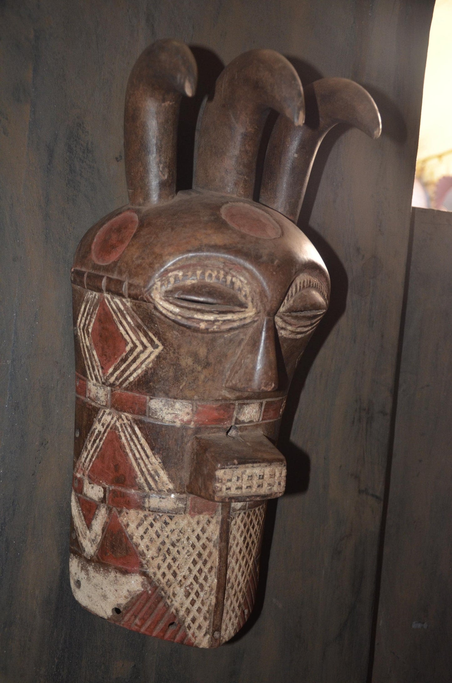 Marka Ntomo Polychrome Mask - 21" Authentic Mali Maraka Wood Carving, Three-Horned Initiation Face Mask.