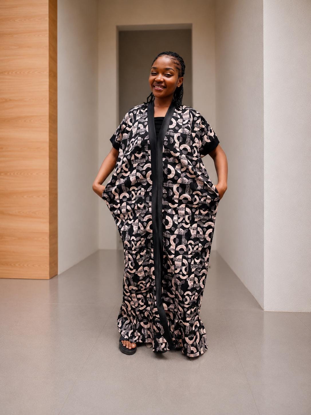 Open-Front Ankara Kaftan | Silk-Trimmed Boubou Gown, Monochromatic Bubu