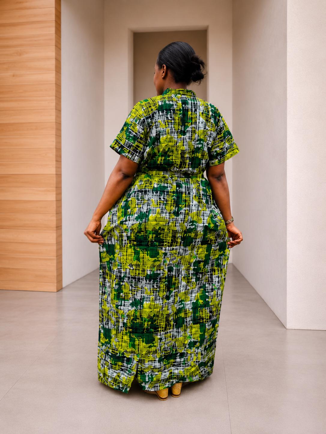 Crosshatch Kampala Boubou | Abstract Batik Kaftan Gown, Free-Size Silk Maxi