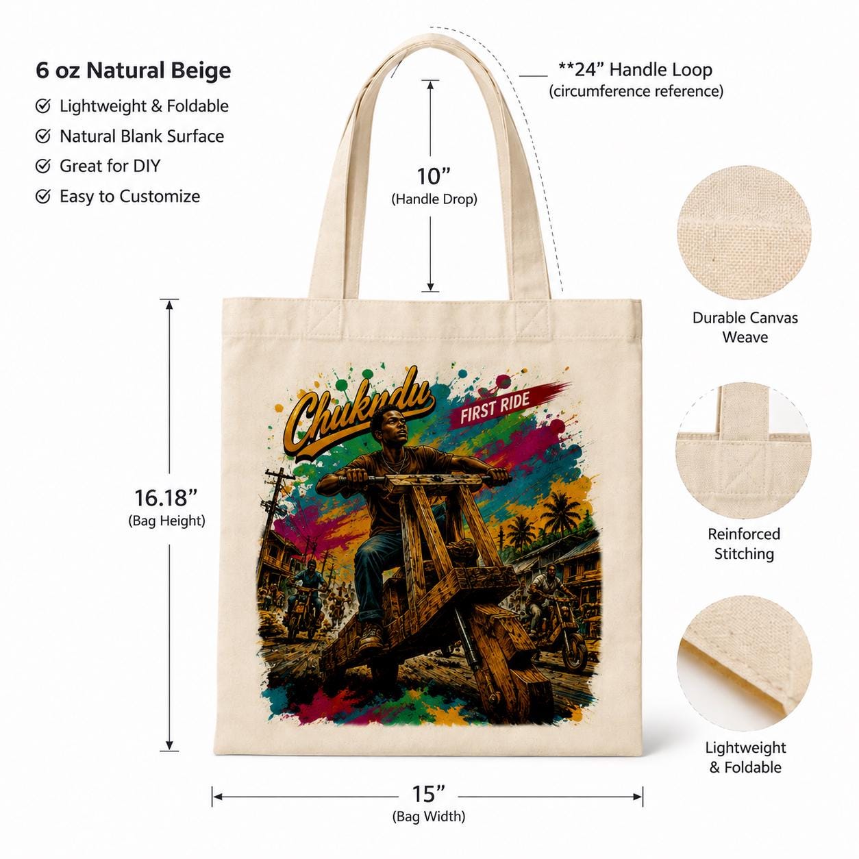 Chukudu First Ride Tote Bag, African Heritage Canvas Bag, Congolese Wooden Scooter Art, Cultural Gift, African Nostalgia Tote
