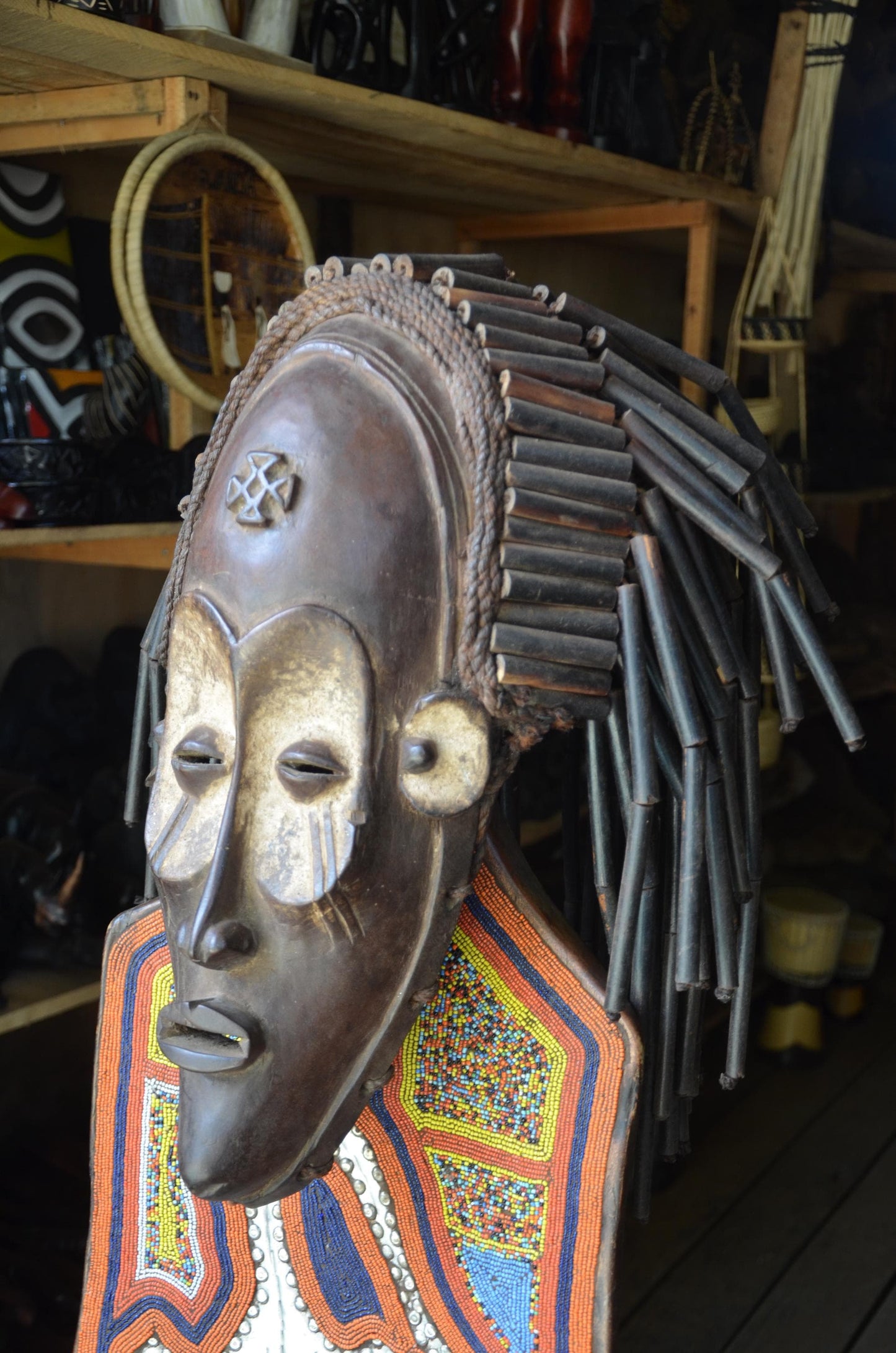 Authentic African Chokwe Mwana Pwo Mask - 21" Large Beaded Stand Display, Angola Tribal Face Mask, Elegant Wood Carving.