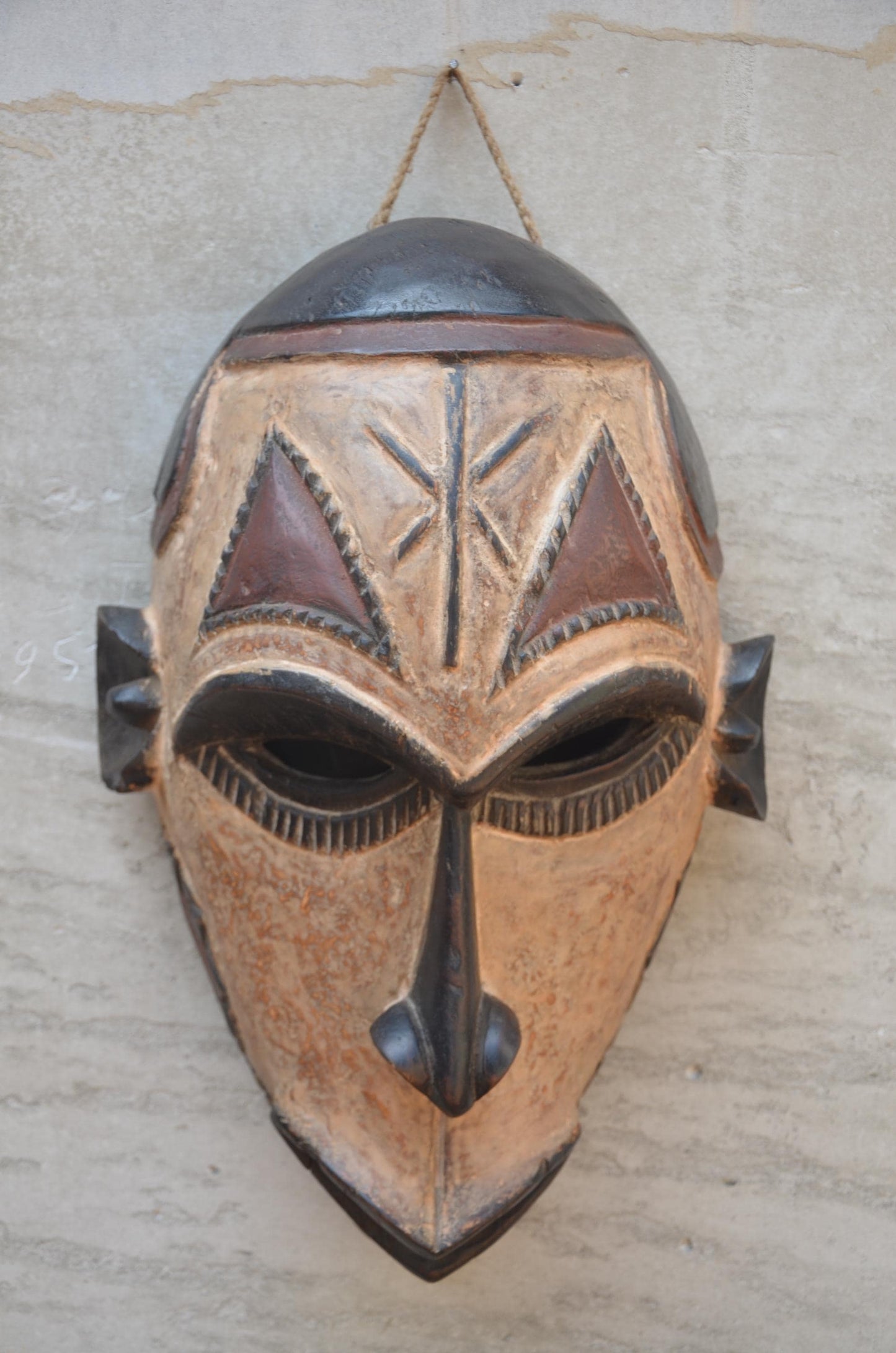 Yaka Mask with Chokwe Influence - 12" Authentic Congo Wood Carving, Polychrome Geometric Face Mask, High-End African Tribal Wall Sculpture.