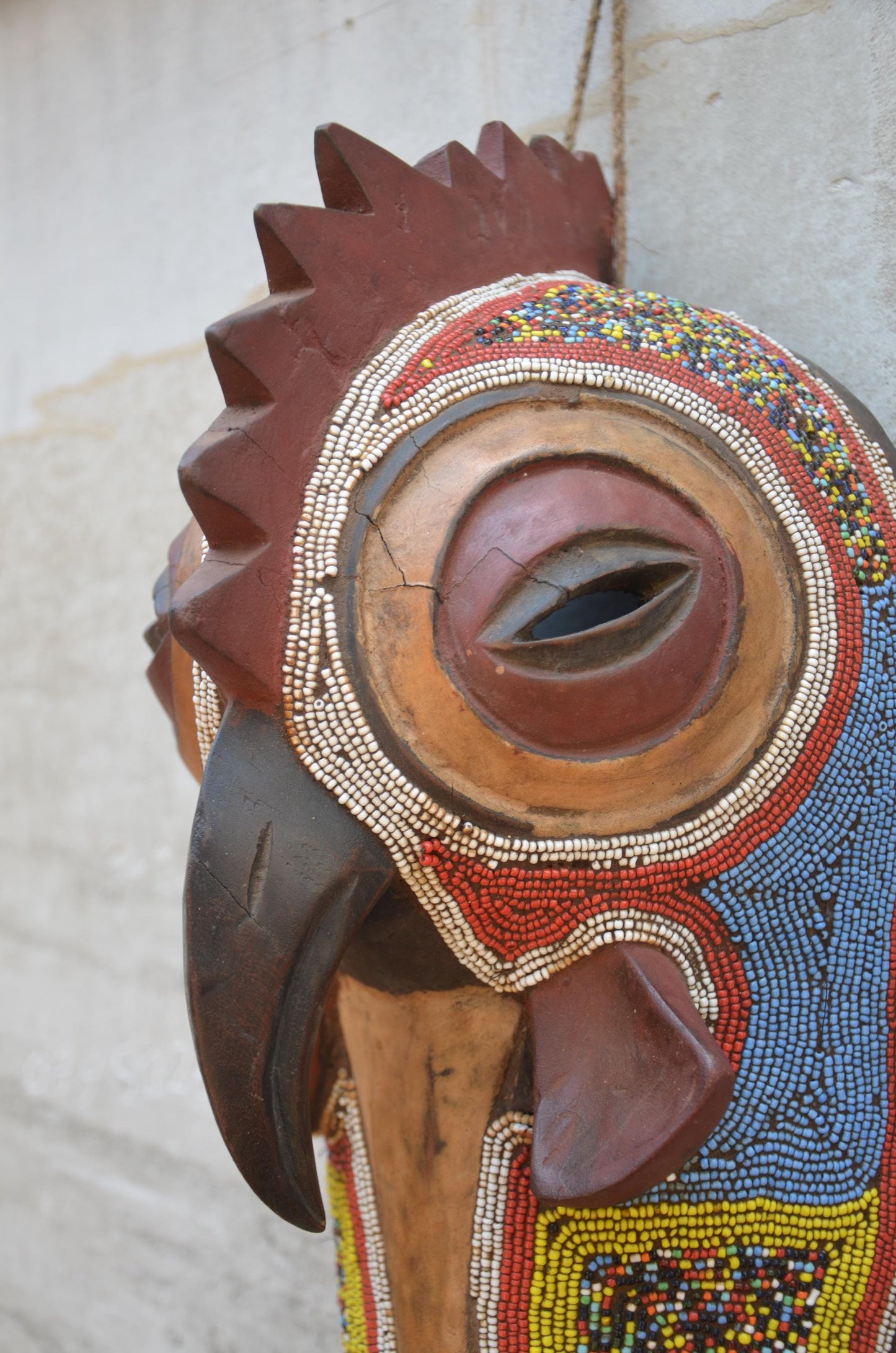 Authentic Cameroon Grassfields Beaded Rooster Mask - 17" Hand-Carved African Zoomorphic Bird Mask, Bamileke Style Beadwork Wall Sculpture.