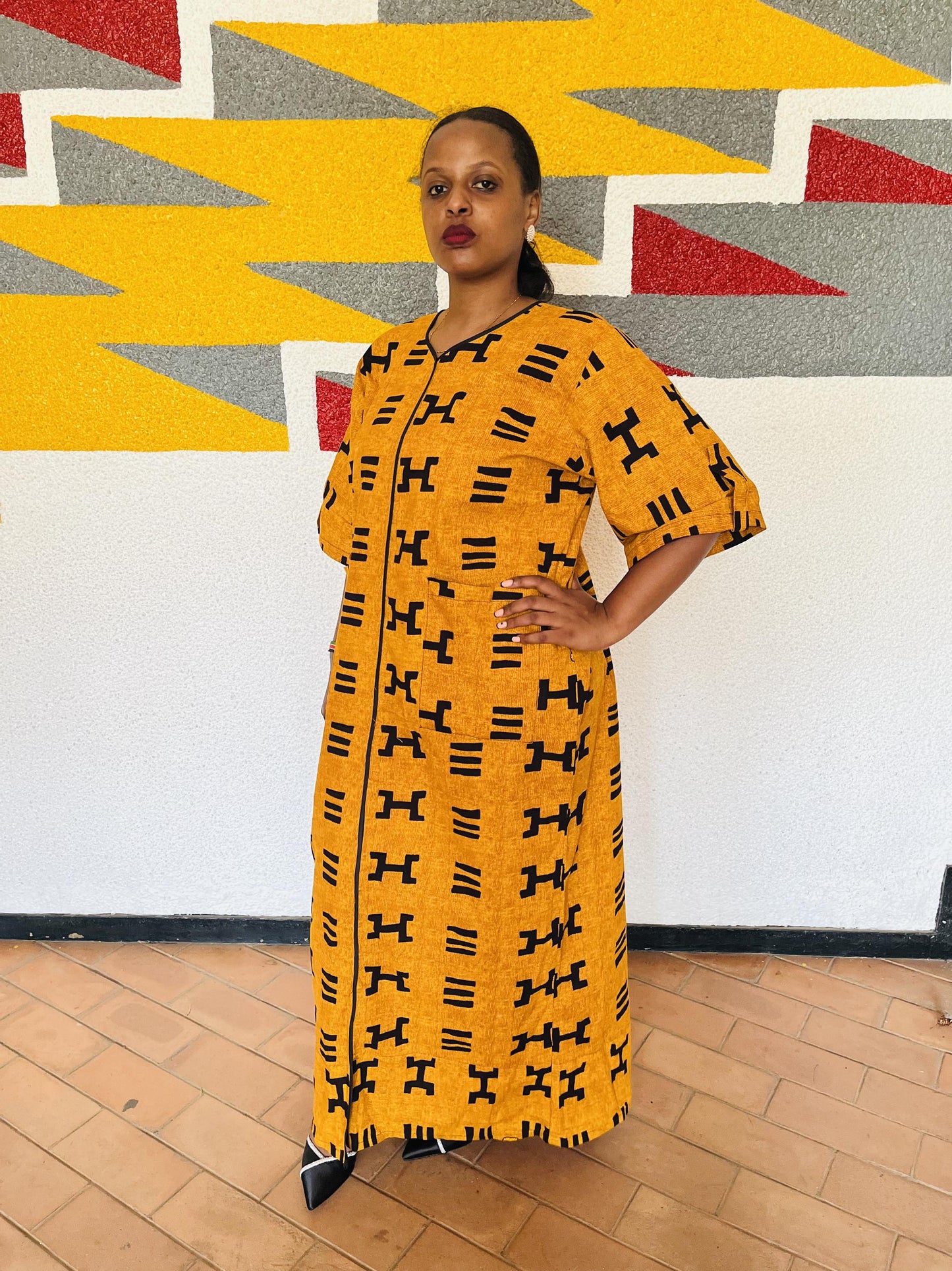 Mustard Yellow Graphic Shirt Kaftan | Buttoned Symbolic Boubou, Ochre Maxi