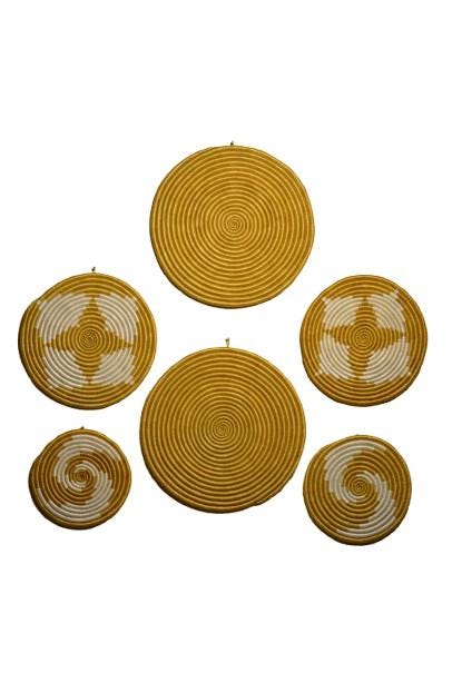 Set of 6 Handwoven Round Wall Baskets – Gold & White Floral Sisal Decor