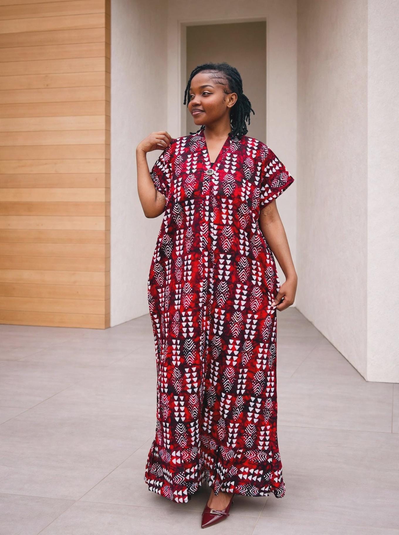 Arrowhead Ankara Boubou Gown | Geometric Cascade Kaftan, Wine Red Maxi