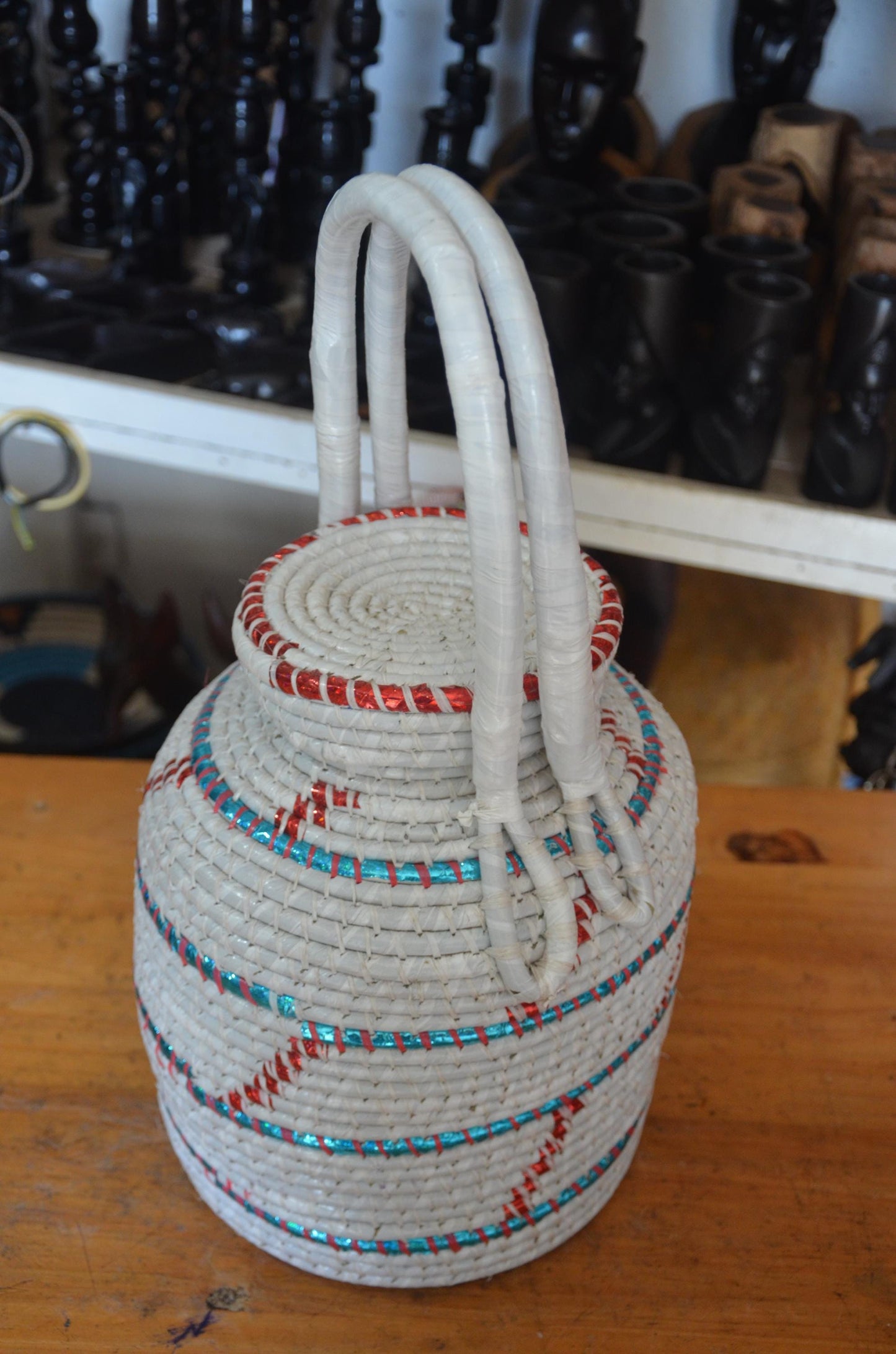 Handwoven Rwandan Agaseke Basket | White Boho Storage Basket with Lid