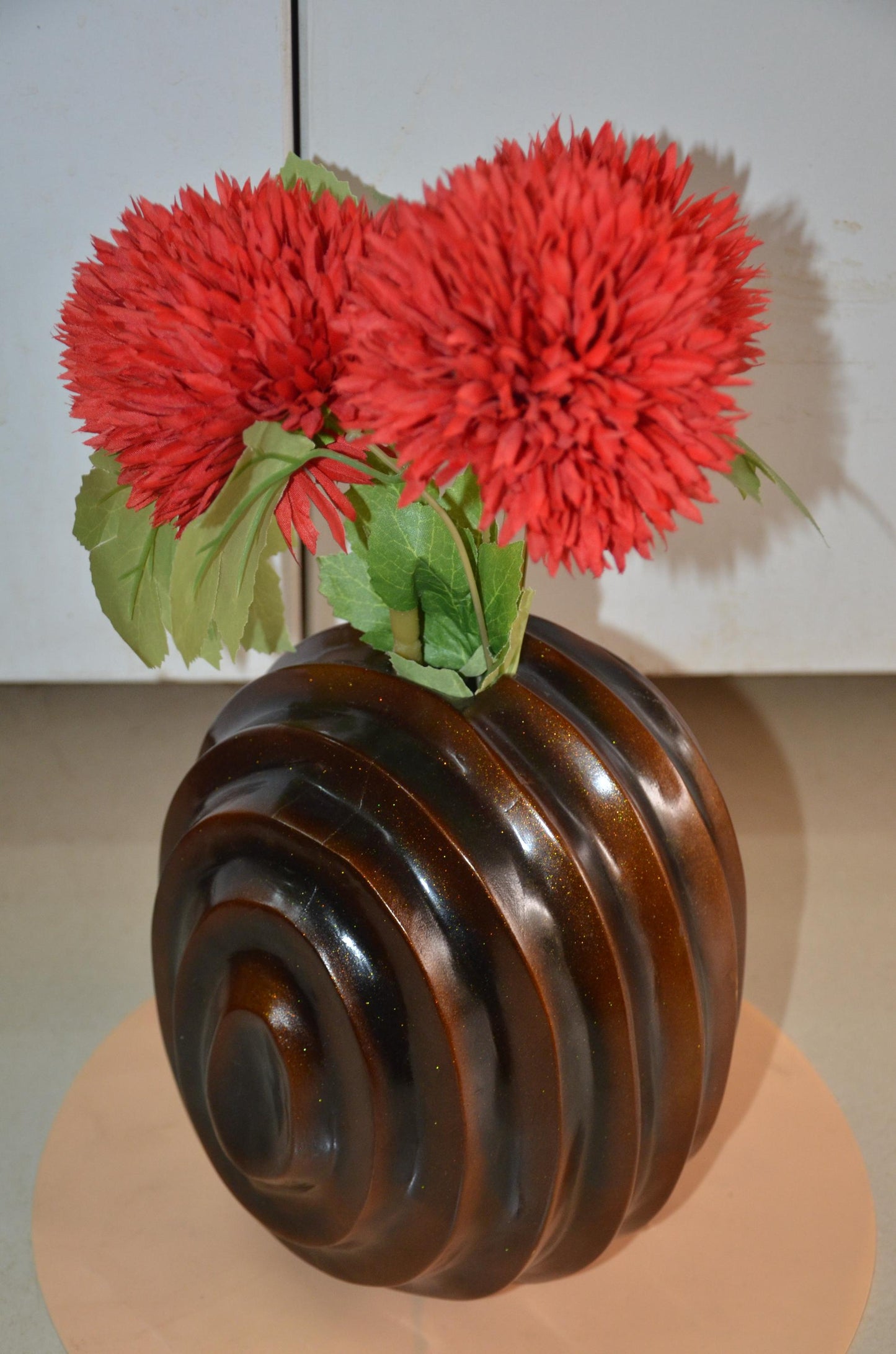 Spherical Wooden Ribbed Vase | Metallic Bronze Round Spiral Vessel