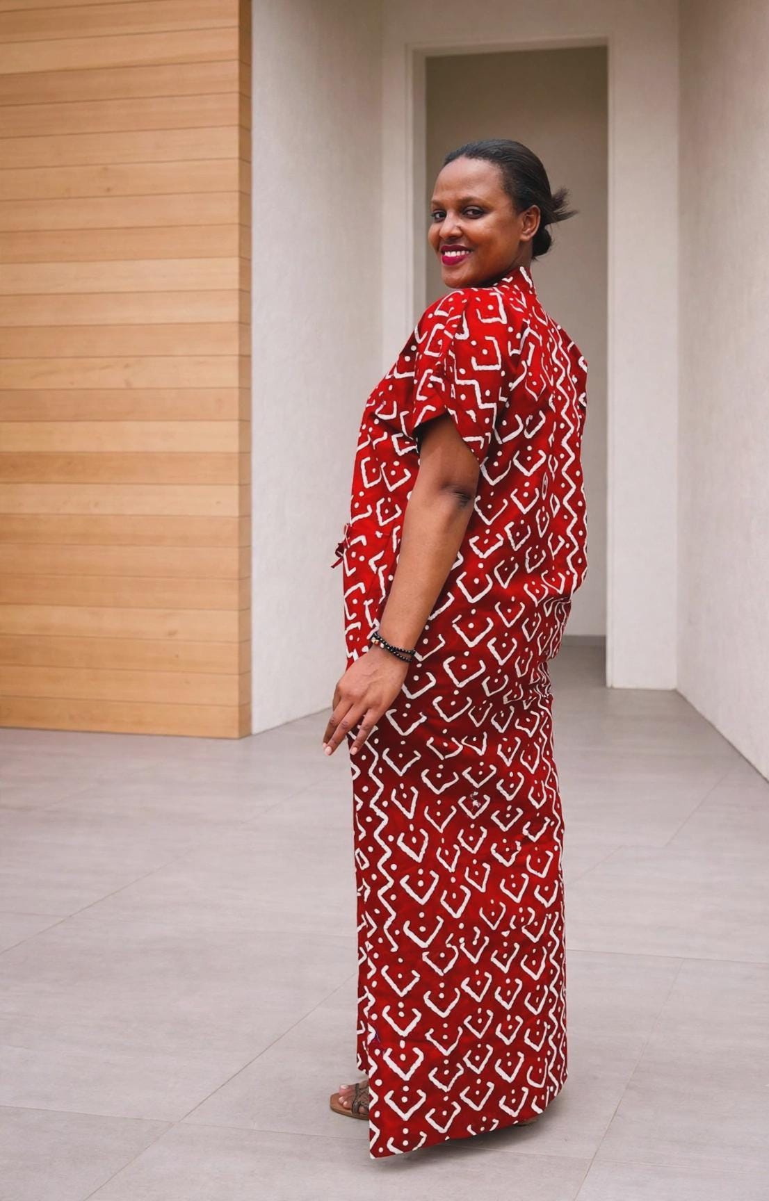 Geometric Rhombus Boubou Gown | Monochromatic Red Kaftan, Chevron-Frame Maxi