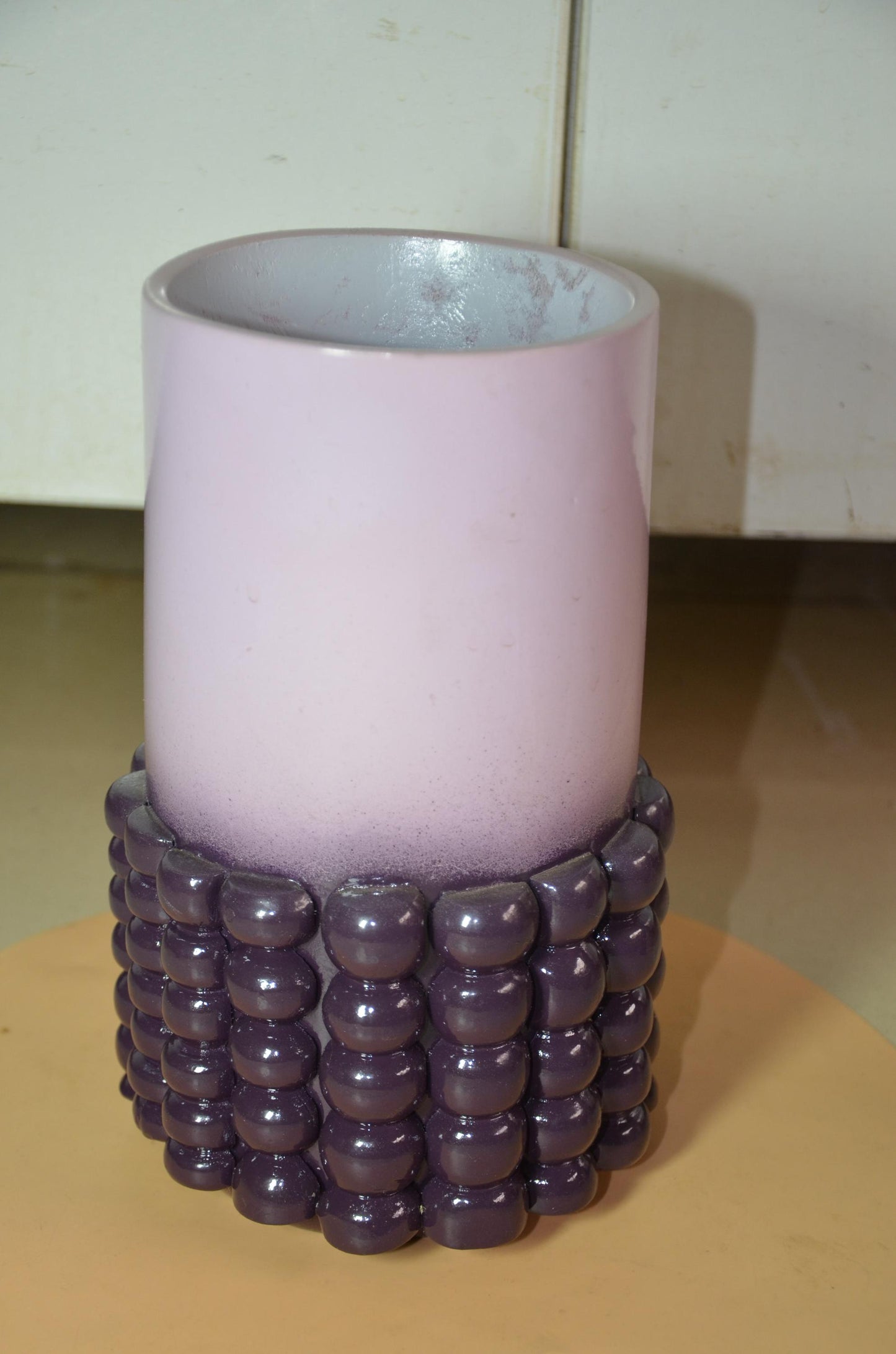 Beaded Wooden Cylinder Vase | Pink and Purple Bubble Texture Pillar Vessel
