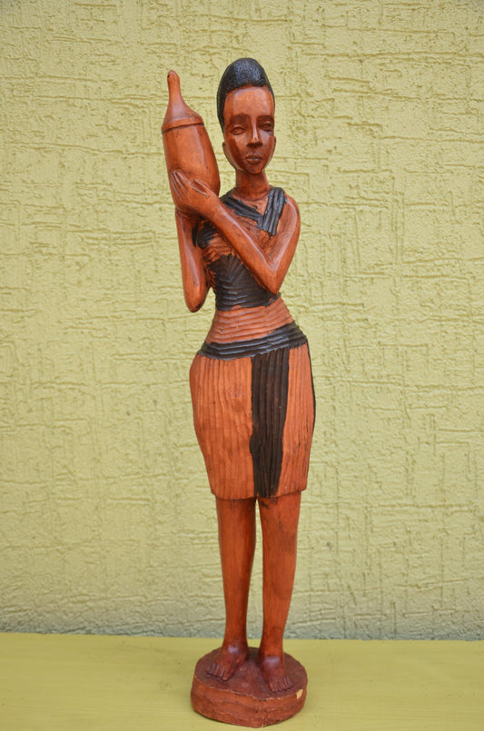 African Female Water Bearer Wooden Sculpture | Tribal Art