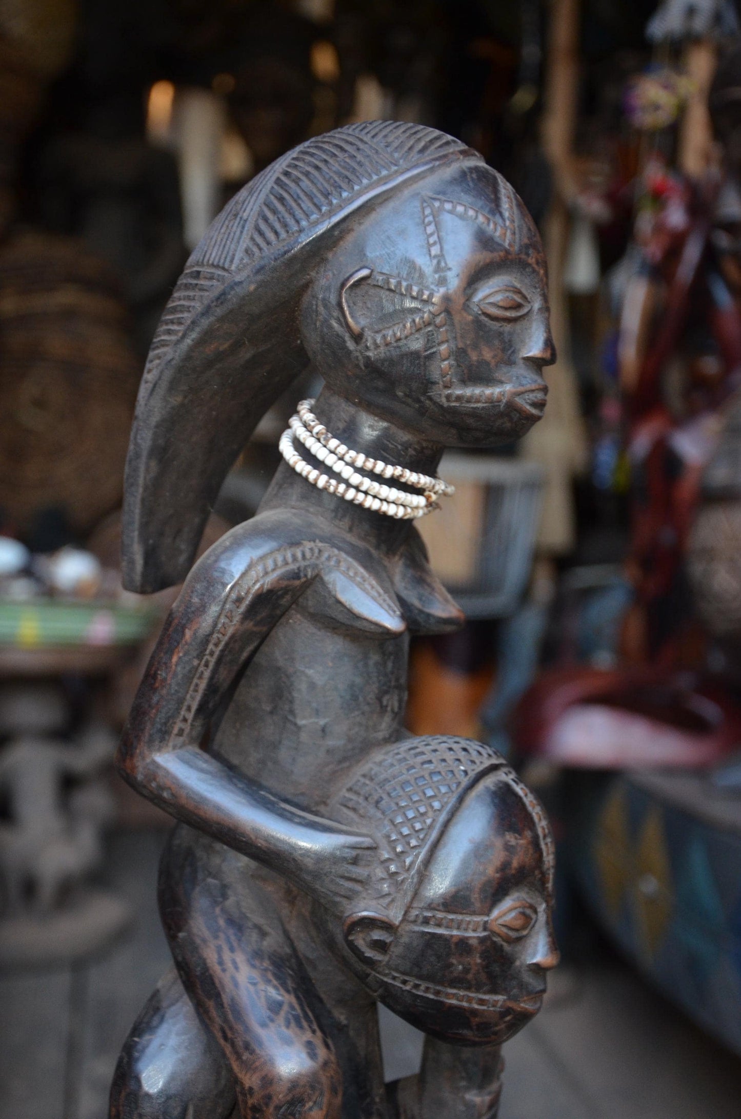 Authentic Luba Dual-Figure Statue – Hand-Carved Wood Ancestor Sculpture, Beaded Accent Congo