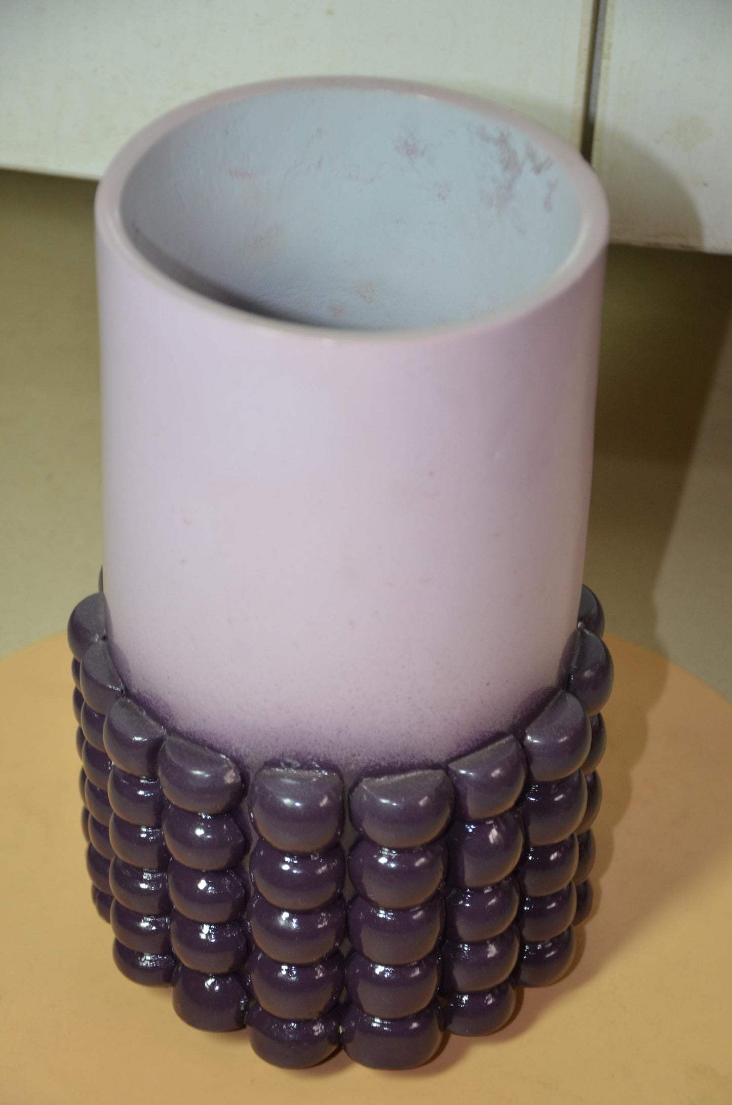 Beaded Wooden Cylinder Vase | Pink and Purple Bubble Texture Pillar Vessel