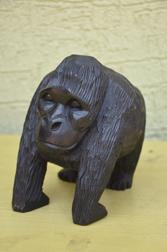 Hand Carved Wooden Mountain Gorilla Sculpture | Wildlife Art