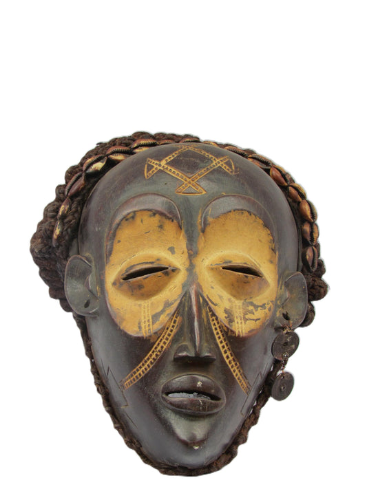 Original Chokwe Tribe Large Vintage Tribal Mask Cross Metal DRC Africa Primitive Wood Art Carving Africa Antique Wall Hanging Multicolor