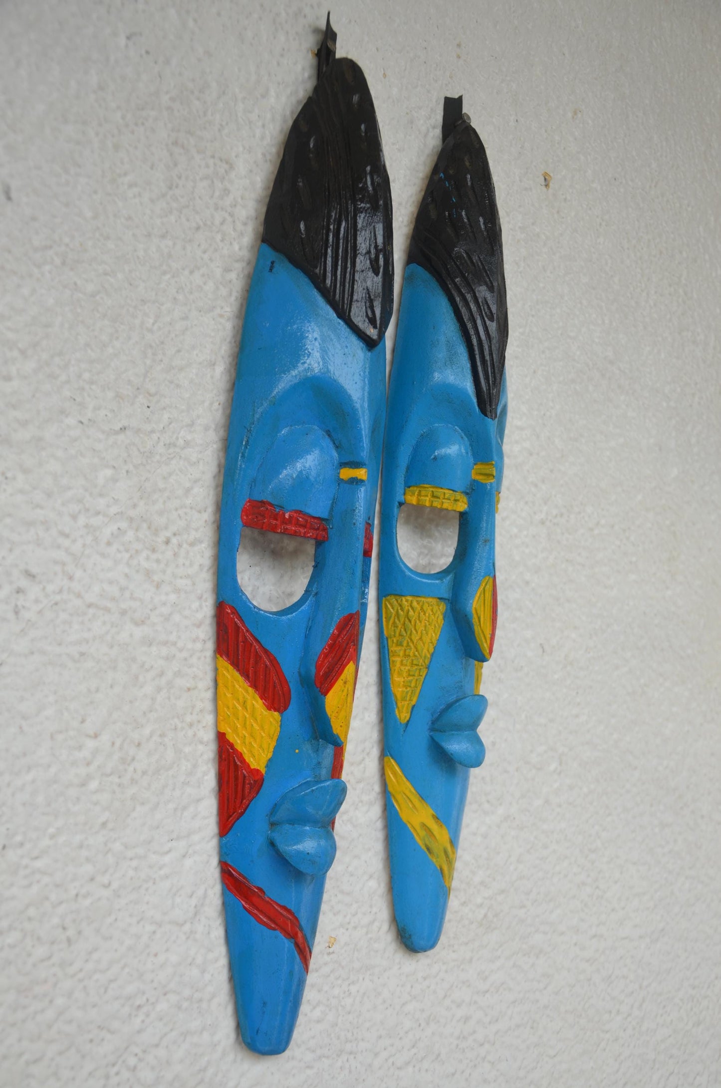 Hand-Carved Nyiginya Kingdom Cobalt Blue Wooden Facemask Couple | African Tribal Wall Art Decor