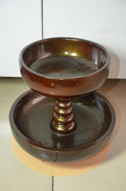 2 Tier Wooden Serving Tray | Metallic Bronze Pedestal Bowl Stand